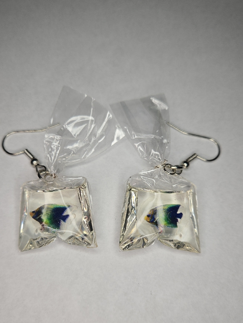 Clear Bag Fish Dangle Earrings - Blue/Green Fish Design